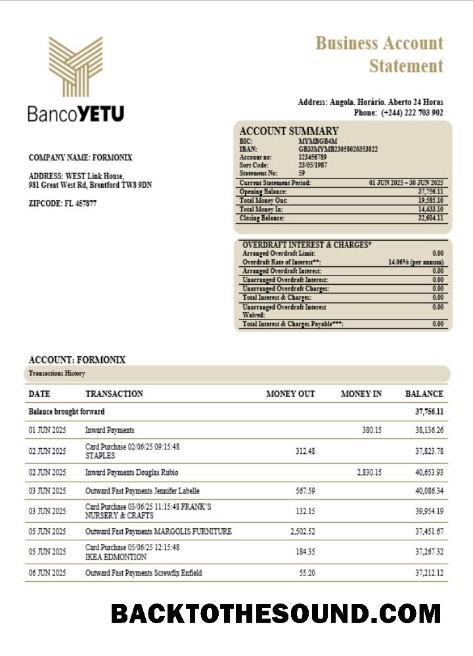 Pobierz Banco Yetu Biznes Bank Firma Wyciąg bankowy Word and PDF Format Próbka próbka