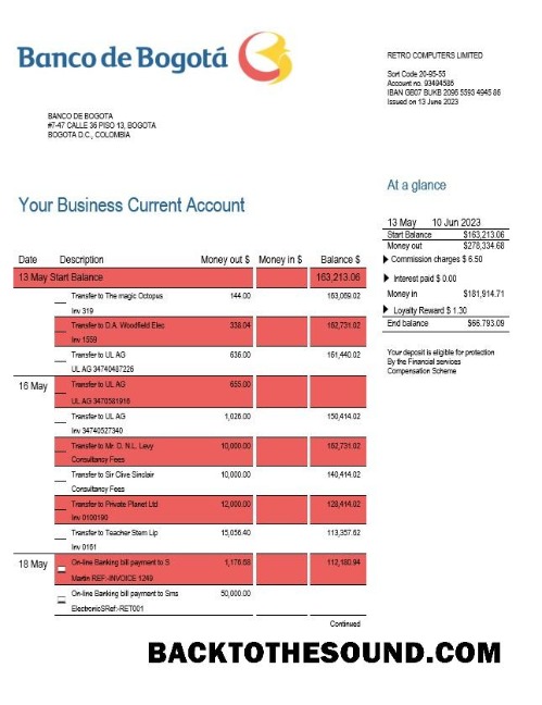 Pobierz Banco de Bogotá enterprise Konto Wyciąg bankowy Word and PDF Próbka makieta