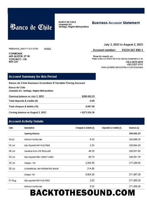 Pobierz Banco de Chile organizacja Wyciąg bankowy Word and PDF Próbka szablon