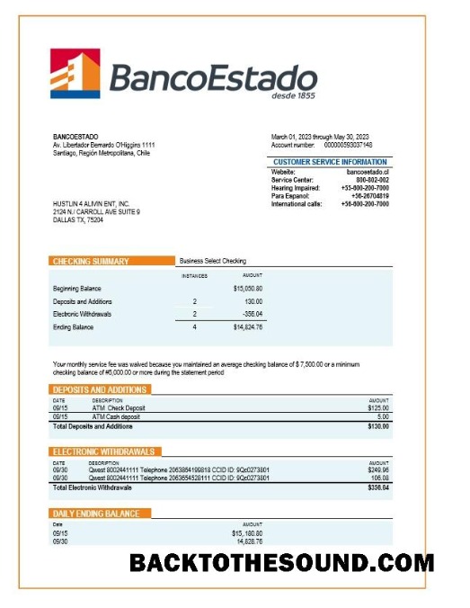 Pobierz Banco del Estado de Chille organizacja Wyciąg bankowy Word and PDF Próbka podgląd