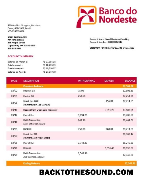 Pobierz Banco do Nordeste firma Konto Wyciąg bankowy Word and PDF Próbka próbka