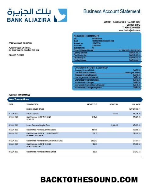 Pobierz Bank AlJazira firma Konto Wyciąg bankowy Word and PDF Próbka podgląd