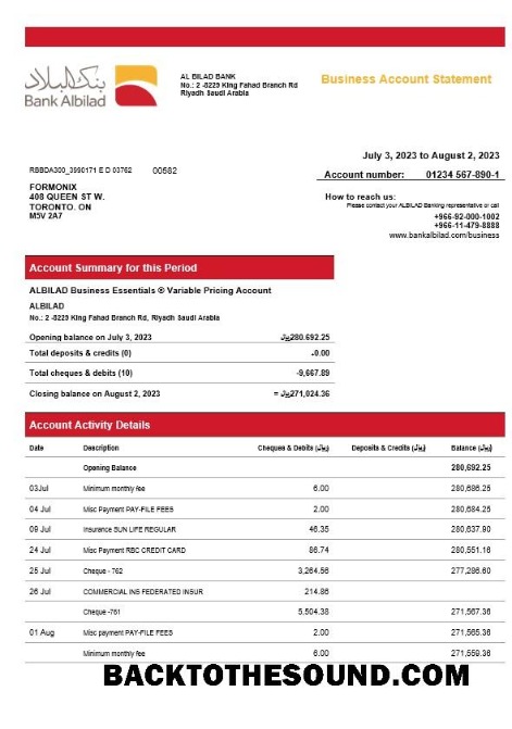Pobierz Bank Albilad enterprise Wyciąg bankowy Word and PDF Próbka podgląd