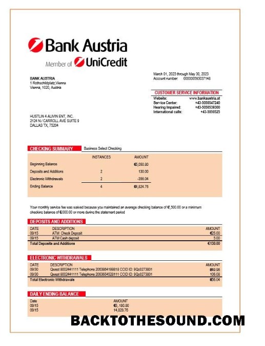 Pobierz Bank Austria organizacja Wyciąg bankowy Word and PDF Próbka projekt