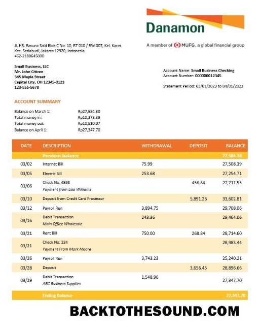 Pobierz Bank Danamon enterprise Konto Wyciąg bankowy Word and PDF Próbka projekt