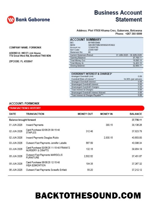 Pobierz Bank Gaborone Biznes firma Wyciąg bankowy Word and PDF Format Próbka makieta