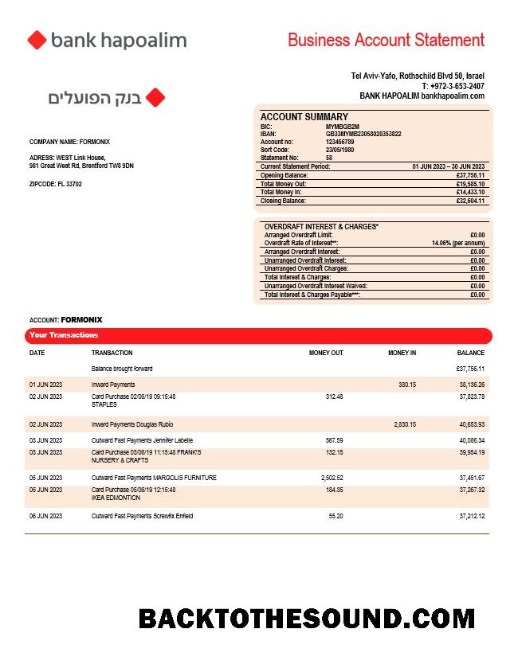 Pobierz Bank Hapoalim firma Konto Wyciąg bankowy Word and PDF Próbka projekt