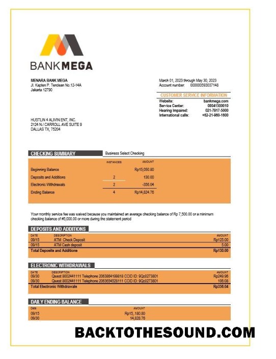 Pobierz Bank Mega corporate sprawdzanie Konto Wyciąg bankowy Word and PDF Próbka szablon