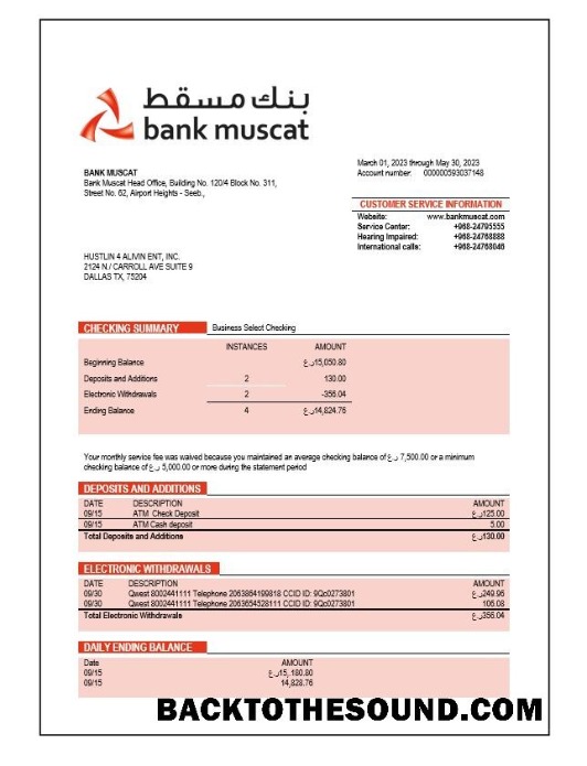 Pobierz Bank Muscat enterprise Konto Wyciąg bankowy Word and PDF Próbka próbka