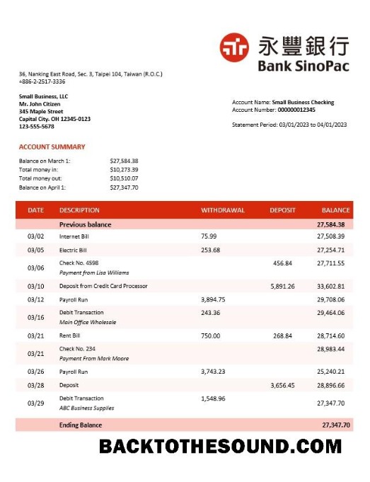 Pobierz Bank Sinopac enterprise Konto Wyciąg bankowy Word and PDF Próbka próbka