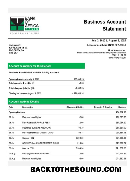 Pobierz Bank of Africa Firma sprawdzanie Konto Wyciąg bankowy Word and PDF Próbka makieta