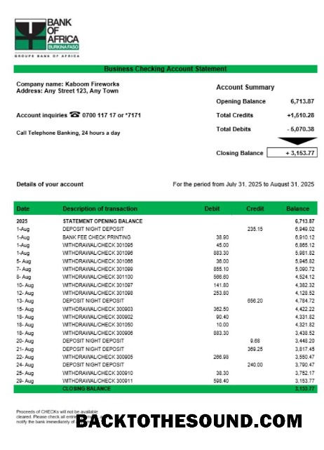 Pobierz Bank of Africa corporate sprawdzanie Konto Wyciąg bankowy Word and PDF Próbka projekt