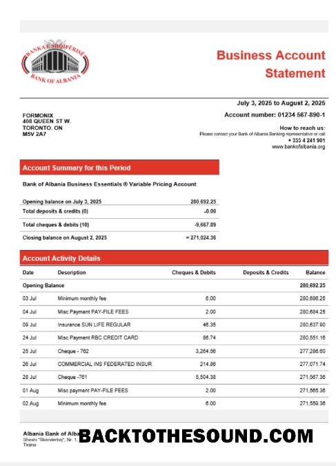 Pobierz Bank of Albania Biznes Konto Wyciąg bankowy Word and PDF Próbka szablon
