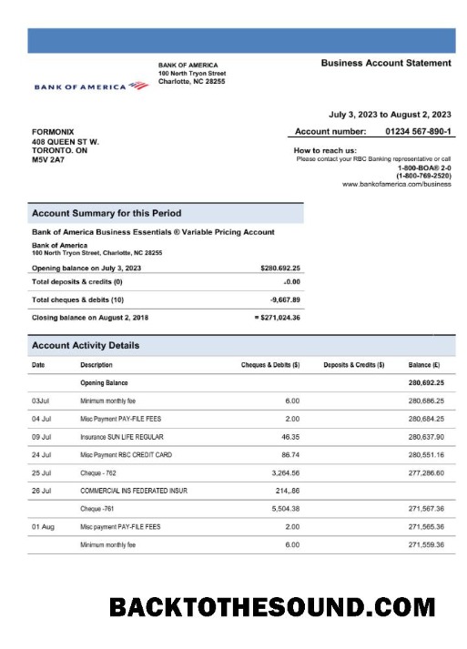 Pobierz Bank of Ameryka Biznes Konto Wyciąg bankowy Word and PDF Próbka szablon