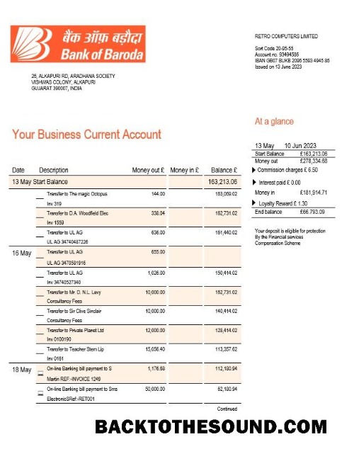 Pobierz Bank of Baroda Firma sprawdzanie Konto Wyciąg bankowy Word and PDF Próbka podgląd