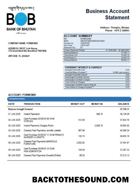 Pobierz Bank of Bhutanese enterprise Konto Wyciąg bankowy Word and PDF Próbka podgląd
