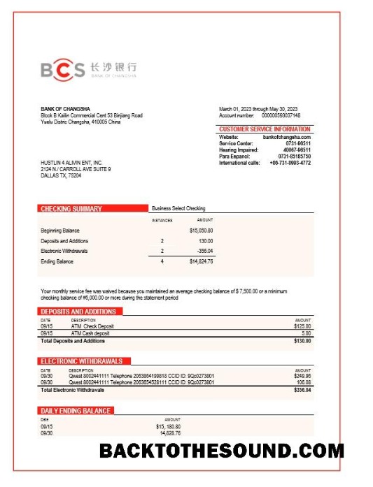 Pobierz Bank of Changsha enterprise Wyciąg bankowy Word and PDF Próbka podgląd