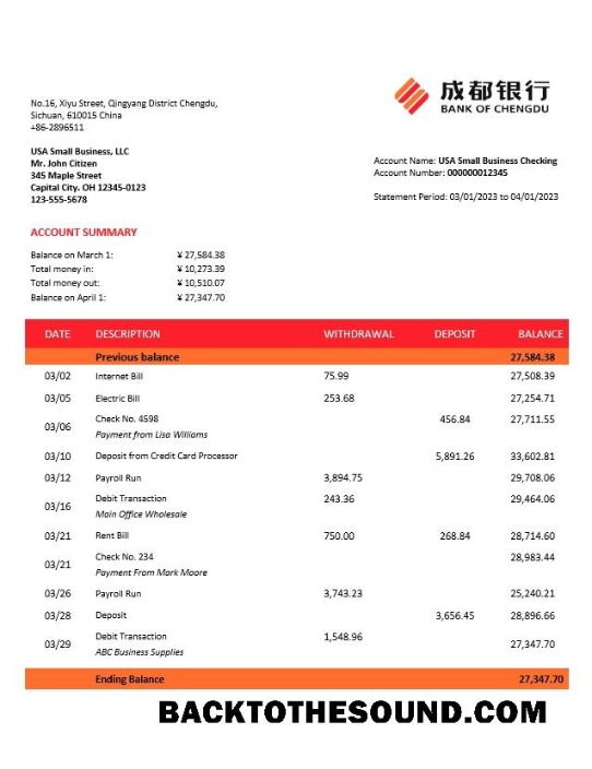 Pobierz Bank of Chengdu Biznes Wyciąg bankowy Word and PDF Próbka projekt