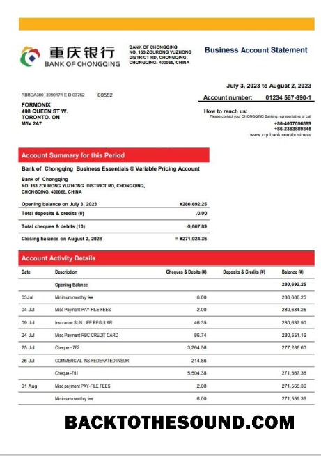 Pobierz Bank of Chongqing enterprise Wyciąg bankowy Word and PDF Próbka makieta
