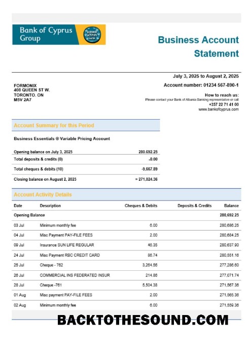 Pobierz Bank of Cypriot firma Konto Wyciąg bankowy Word and PDF Format Próbka szablon
