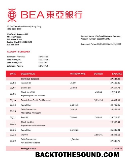 Pobierz Bank of East Asia firma Konto Wyciąg bankowy Word and PDF Próbka makieta