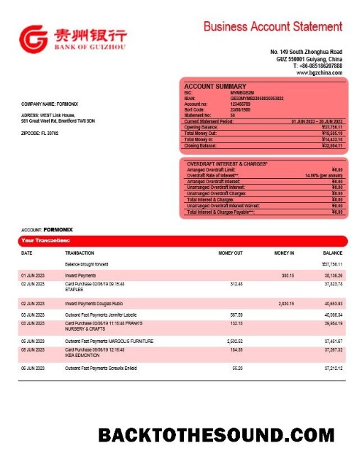 Pobierz Bank of Guizhou Biznes sprawdzanie Konto Wyciąg bankowy Word and PDF Próbka próbka