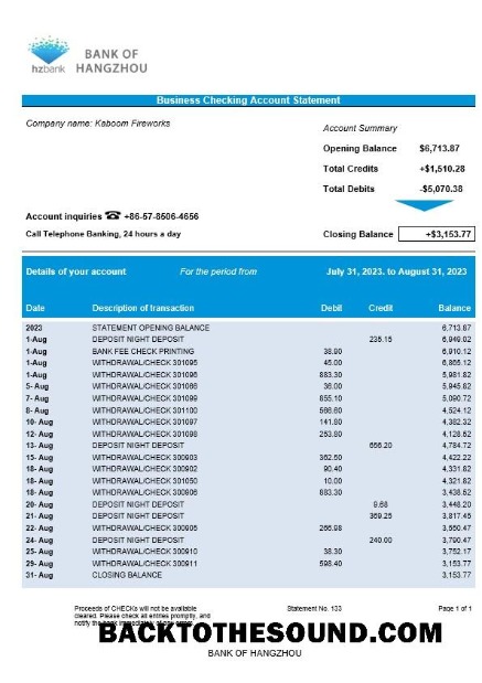 Pobierz Bank of Hangzhou Firma Wyciąg bankowy Word and PDF Próbka podgląd