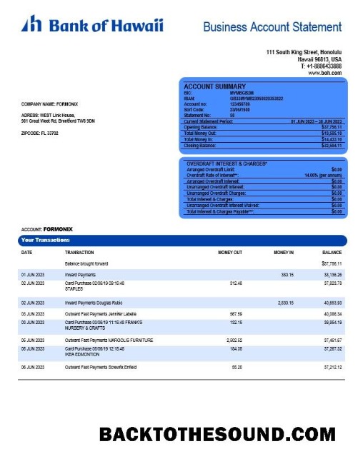 Pobierz Bank of Hawaii firma Konto Wyciąg bankowy Word and PDF Próbka szablon
