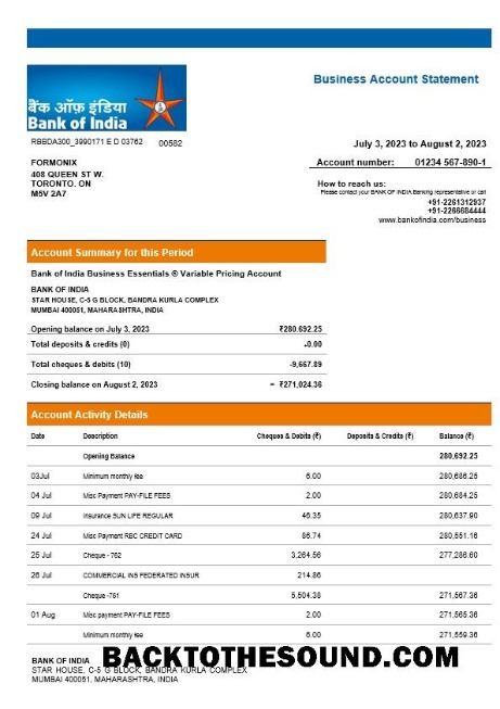 Pobierz Bank of Indie Firma sprawdzanie Konto Wyciąg bankowy Word and PDF Próbka próbka