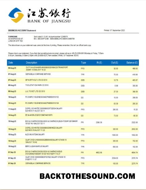 Pobierz Bank of Jiangsu corporate Konto Wyciąg bankowy Word and PDF Próbka próbka