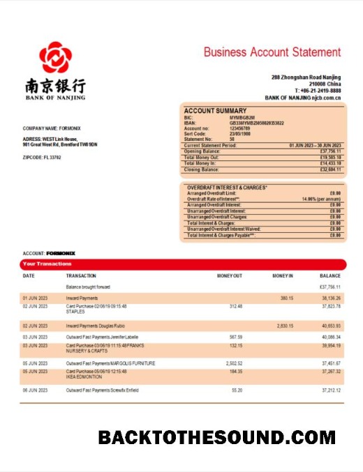 Pobierz Bank of Nanjing corporate sprawdzanie Konto Wyciąg bankowy Word and PDF Próbka szablon