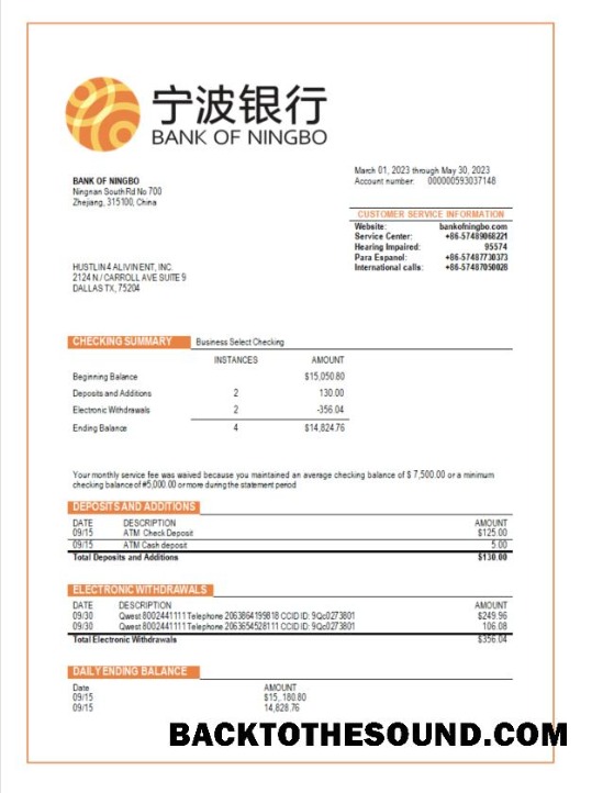 Pobierz Bank of Ningbo Biznes Bank Wyciąg bankowy Word and PDF Próbka makieta