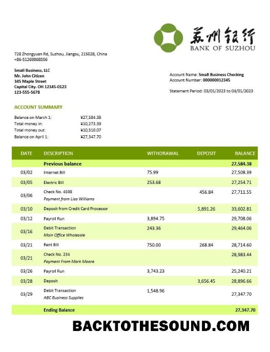 Pobierz Bank of Suzhou firma Konto Wyciąg bankowy Word and PDF Próbka próbka