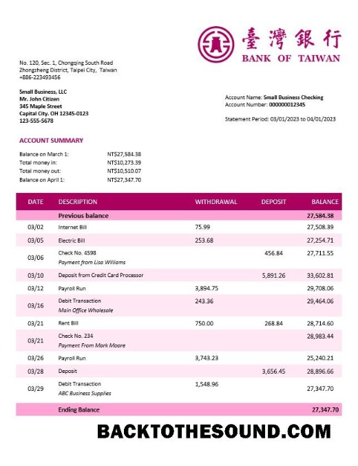 Pobierz Bank of Tajwan Firma sprawdzanie Konto Wyciąg bankowy Word and PDF Próbka podgląd