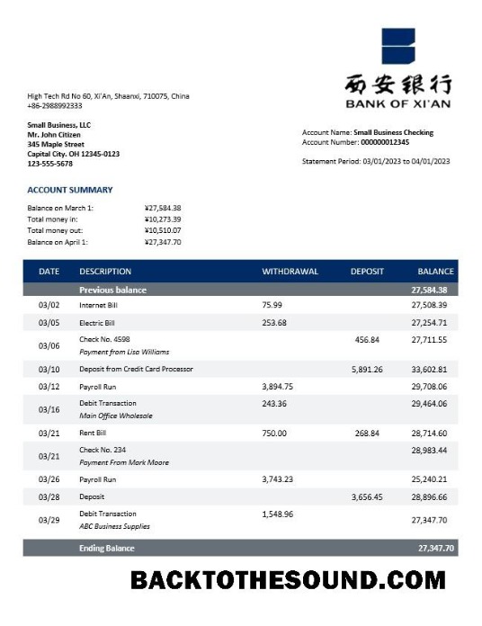 Pobierz Bank of Xi’An enterprise Konto Wyciąg bankowy Word and PDF Próbka szablon