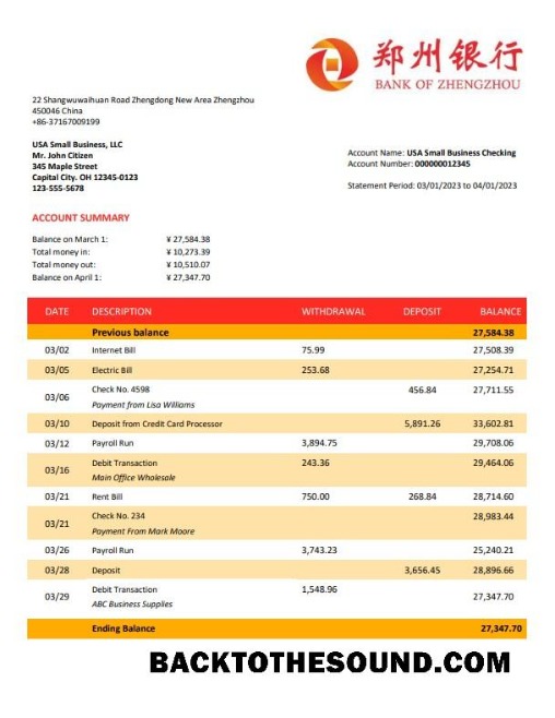 Pobierz Bank of Zhengzhou firma Konto Wyciąg bankowy Word and PDF Próbka szablon