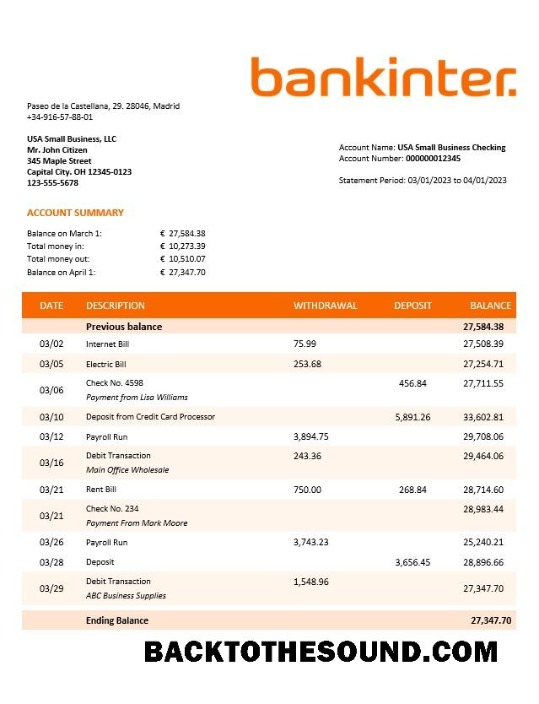 Pobierz Bankinter enterprise Wyciąg bankowy Word and PDF Próbka makieta