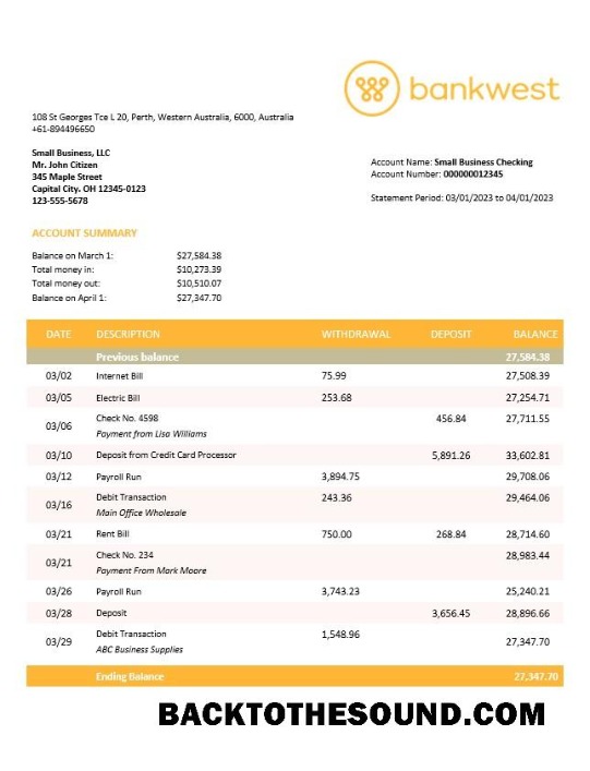 Pobierz Bankwest Biznes Bank Wyciąg bankowy Word and PDF Próbka szablon