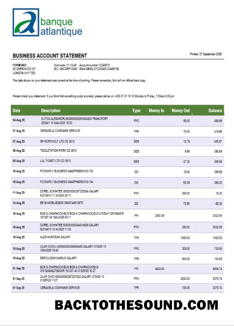 Pobierz Banque Atlantique Biznes firma Wyciąg bankowy Word and PDF Format Próbka podgląd