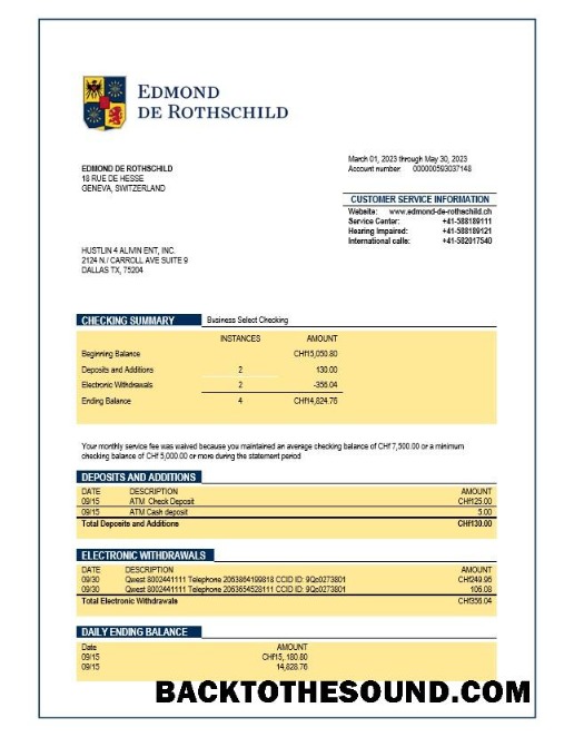 Pobierz Banque Privee Edmond de Rothschild organizacja sprawdzanie Konto Wyciąg bankowy Word and PDF Próbka makieta