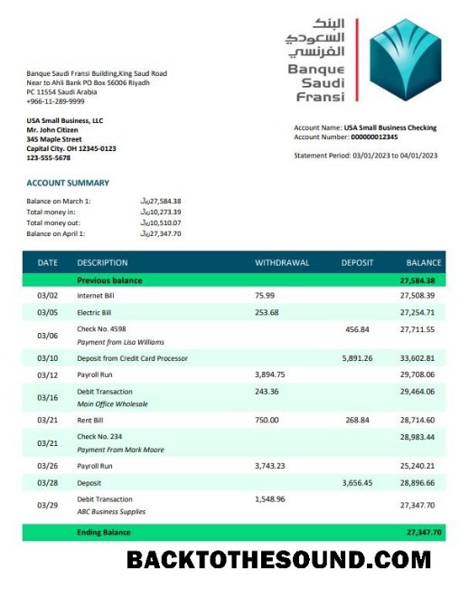 Pobierz Banque Saudi Fransi Firma sprawdzanie Konto Wyciąg bankowy Word and PDF Próbka projekt