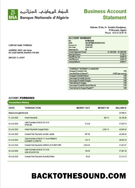 Pobierz Banque nationale d’Algérie (BNA) enterprise Konto Wyciąg bankowy Word and PDF Próbka próbka