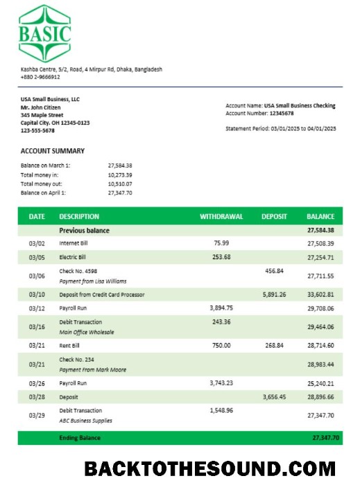 Pobierz podstawowy Bank enterprise Konto Wyciąg bankowy Word and PDF Próbka szablon