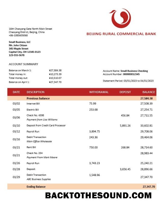Pobierz Beijing Rural komercyjny Bank Firma Wyciąg bankowy Word and PDF Próbka szablon