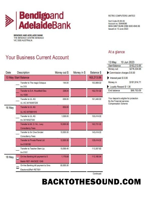 Pobierz Bendigo and Adelaide Bank Firma Konto Wyciąg bankowy Word and PDF Próbka podgląd