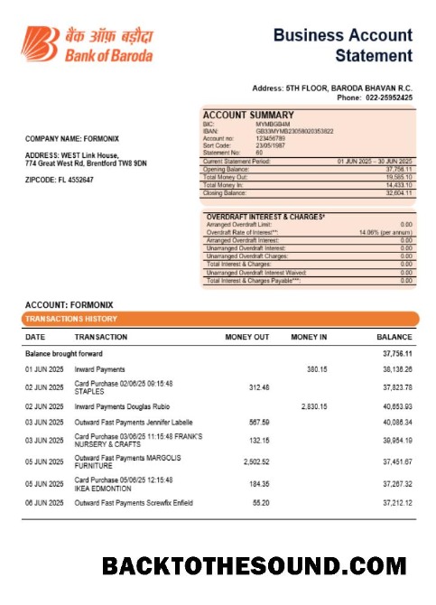 Pobierz Bob Bank of Boroda Bank organizacja sprawdzanie Konto Wyciąg bankowy Word and PDF Próbka projekt
