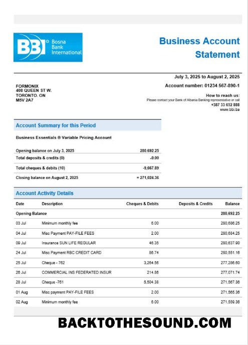 Pobierz Bosna Bank firma Konto Wyciąg bankowy Word and PDF Format Próbka podgląd
