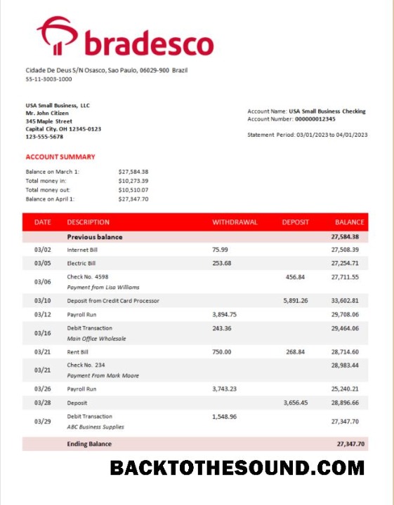 Pobierz Bradesco Bank corporate Konto Wyciąg bankowy Word and PDF Próbka podgląd