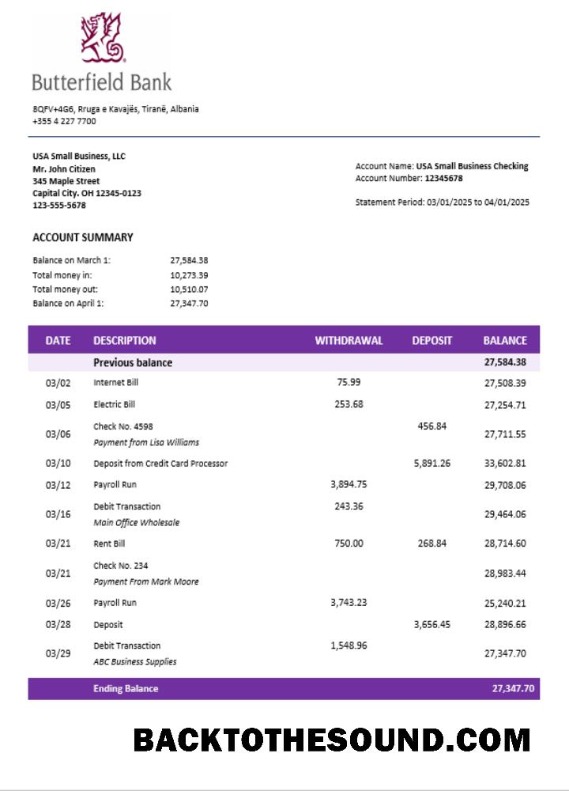 Pobierz Butterfield Bank organizacja sprawdzanie Konto Wyciąg bankowy Word and PDF Format Próbka szablon