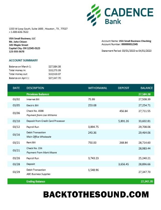 Pobierz Cadence Bank corporate sprawdzanie Konto Wyciąg bankowy Word and PDF Próbka projekt